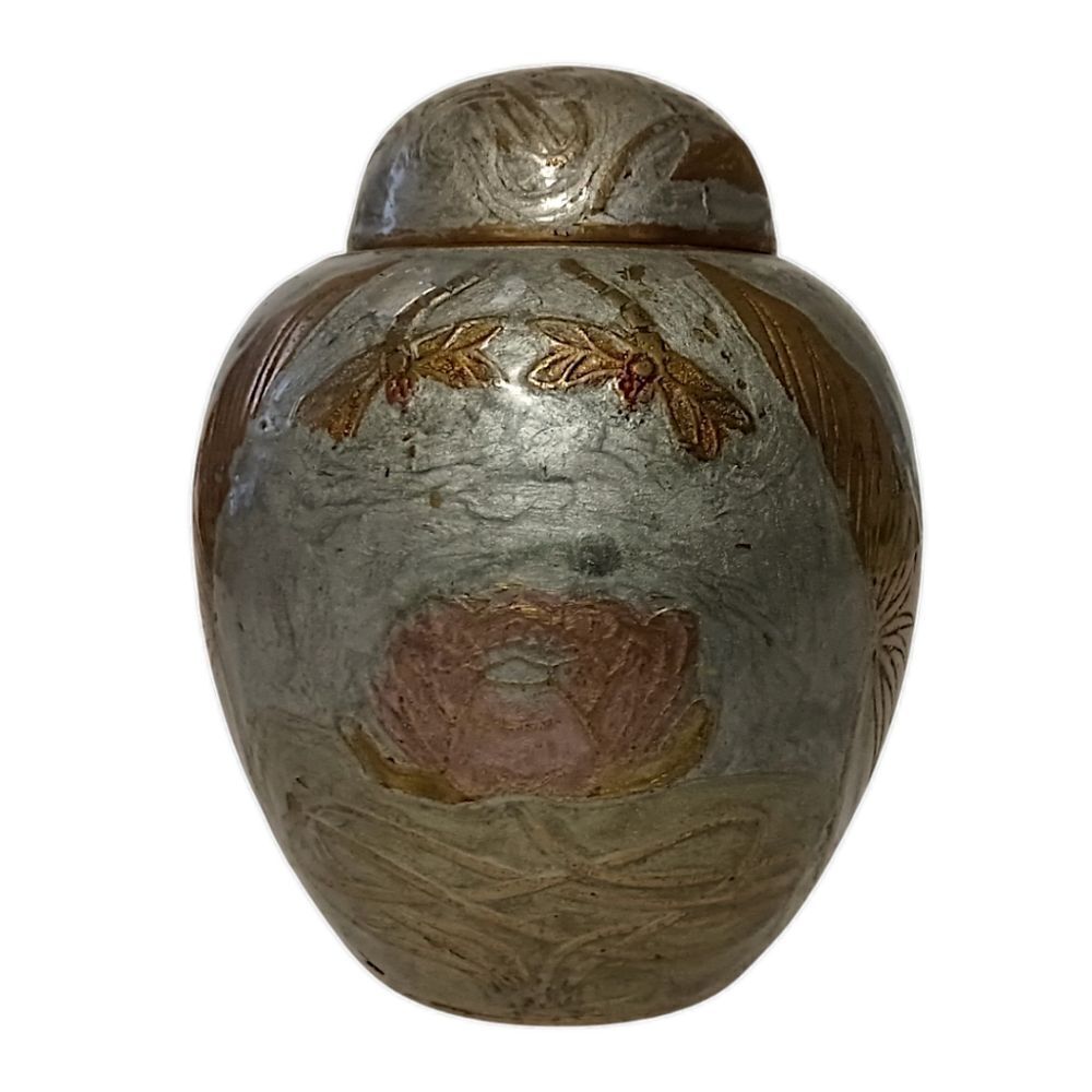 Vintage Brass Ginger Jar Urn Vase Painted Silver Dragonfly Lotus Flowers Patina. - Picture 8 of 16